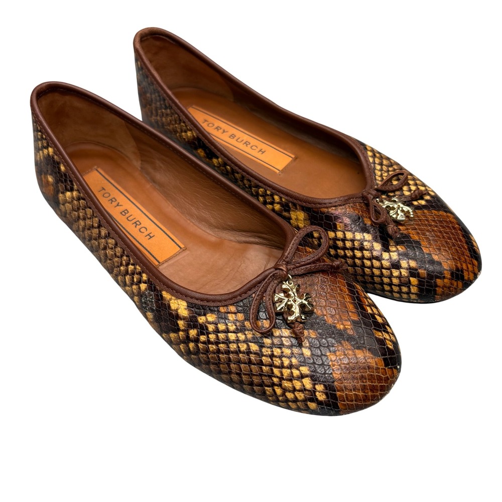 Tory Burch Ballet Flats 7M Snakeskin Python Embossed Leather Logo Charm Brown